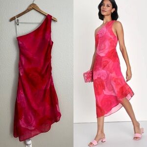 Pretty Serene Pink Floral One-Shoulder Asymmetrical Midi Dress